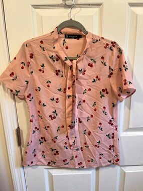 Allegra K Pink Cherry Print Tie-Front Blouse